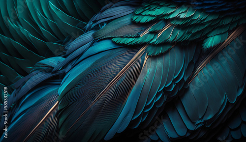 Blue feathers. Generative AI.