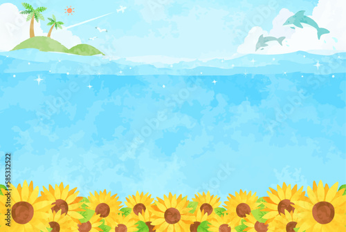 可愛いイルカと海とひまわり畑の風景イラスト