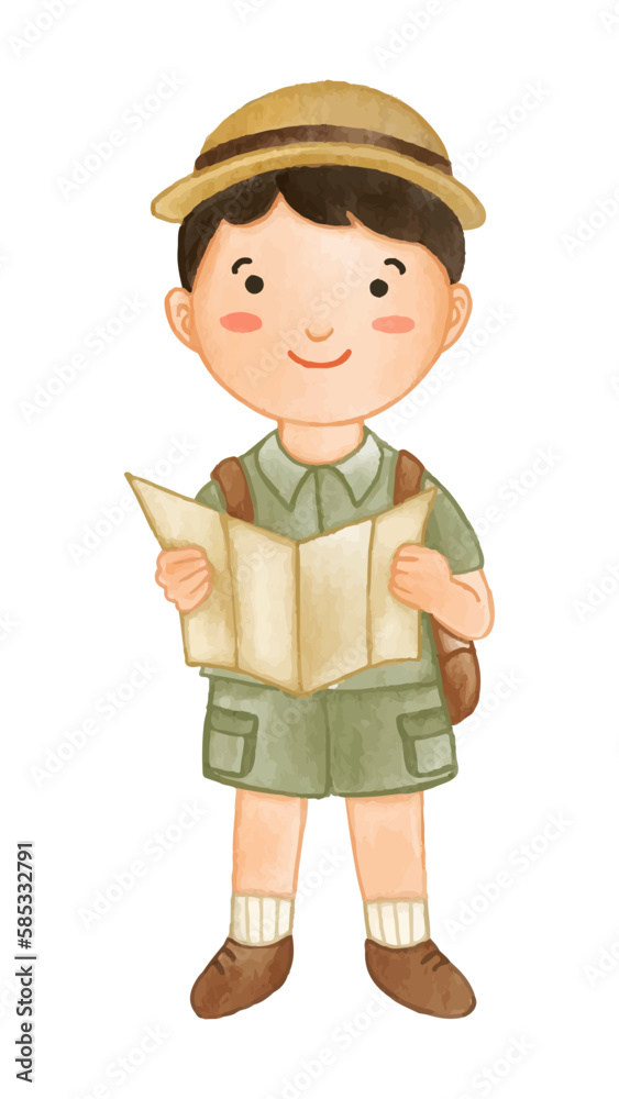 Boy scout with hiking suit hold map . Realistic watercolor paint with paper textured . Cartoon character design . Vector . Boy scout with hiking suit hold map . Realistic watercolor paint with paper textured . Cartoon character design . Vector .