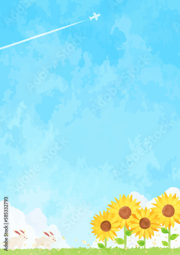 綺麗な青空とヒマワリ畑とウサギのいる風景イラスト
