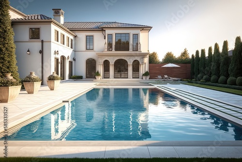 Backyard Swimming Pool. Beautiful Home Exterior and Large Swimming pool on Sunny Day with Blue Sky 4. Generative AI