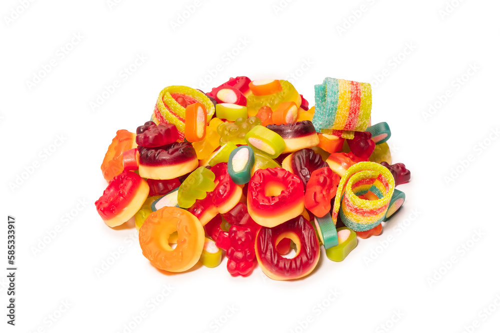 Assorted colorful gummy candies. Top view. Jelly donuts. Jelly bears. Isolated on a white background.