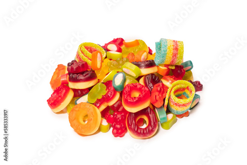 Assorted colorful gummy candies. Top view. Jelly donuts. Jelly bears. Isolated on a white background.