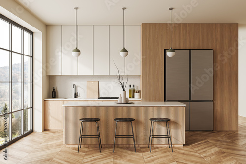 Fotografia Cozy kitchen interior with bar island and cooking space, panoramic window