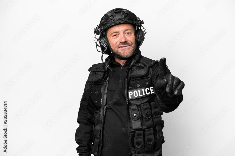 Middle age SWAT man isolated on white background showing and lifting a finger Middle age SWAT man isolated on white background showing and lifting a finger