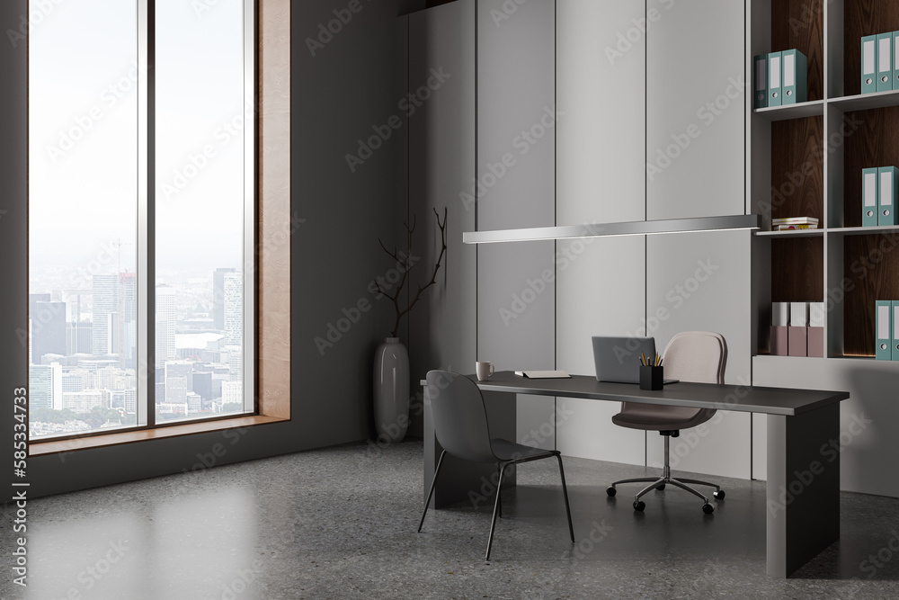 Fototapeta premium Grey consulting interior with ceo desk and laptop, shelf and panoramic window