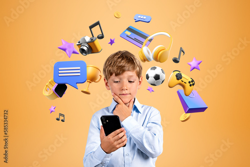 Pensive boy with smartphone and hand on chin, online shopping and video games