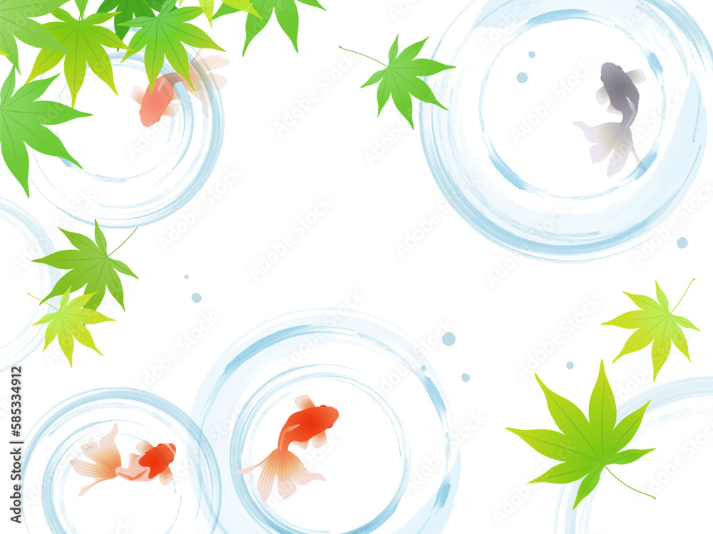 Fototapeta premium 青もみじと金魚の涼しげなフレーム背景_ベクターイラスト