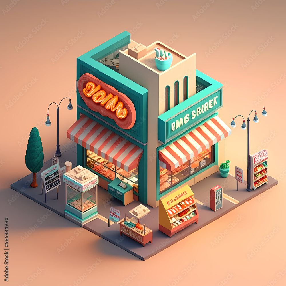 Isometric 3d square chunk of junk food store