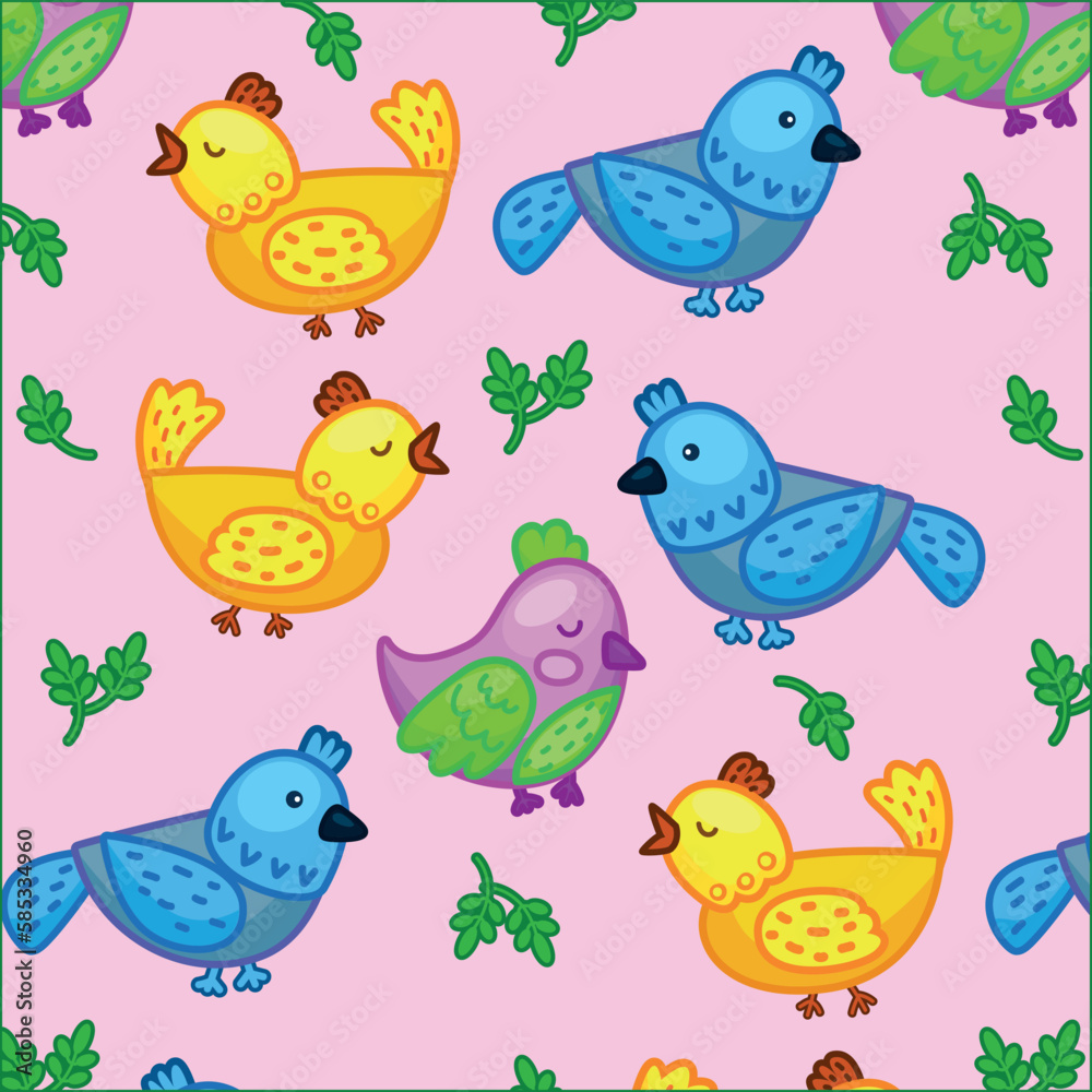 Birds spring Easter plants pattern yellow bright multi-colored Birds spring Easter plants pattern yellow bright multi-colored