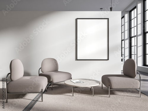 Light business room interior with relax place and coffee table. Mockup frame