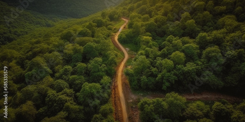 Aerial view of a road in the middle of the forest , road curve construction up to mountain. top view Genetarive AI