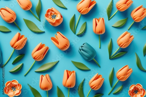 A bunch of tulips with green leaves on a blue background #585335751