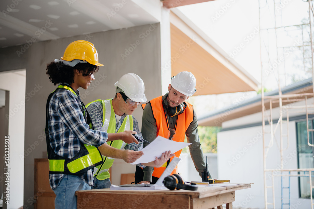 Engineers are discussing data working and laptop or tablet with architectural project at new construction site on big project.. Engineers are discussing data working and laptop or tablet with architectural project at new construction site on big project..