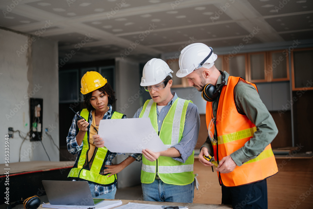 Engineers are discussing data working and laptop or tablet with architectural project at new construction site on big project.. Engineers are discussing data working and laptop or tablet with architectural project at new construction site on big project..