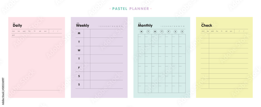 (pastel) 4 set of Daily, Monthly, Weekly, Yearly schedule Planner. Minimalist planner template set. Vector illustration. (pastel) 4 set of Daily, Monthly, Weekly, Yearly schedule Planner. Minimalist planner template set. Vector illustration.
