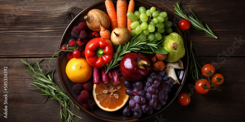 Plate with vegetables and fruits on wooden table. Healthy food  top view. Genetarive AI