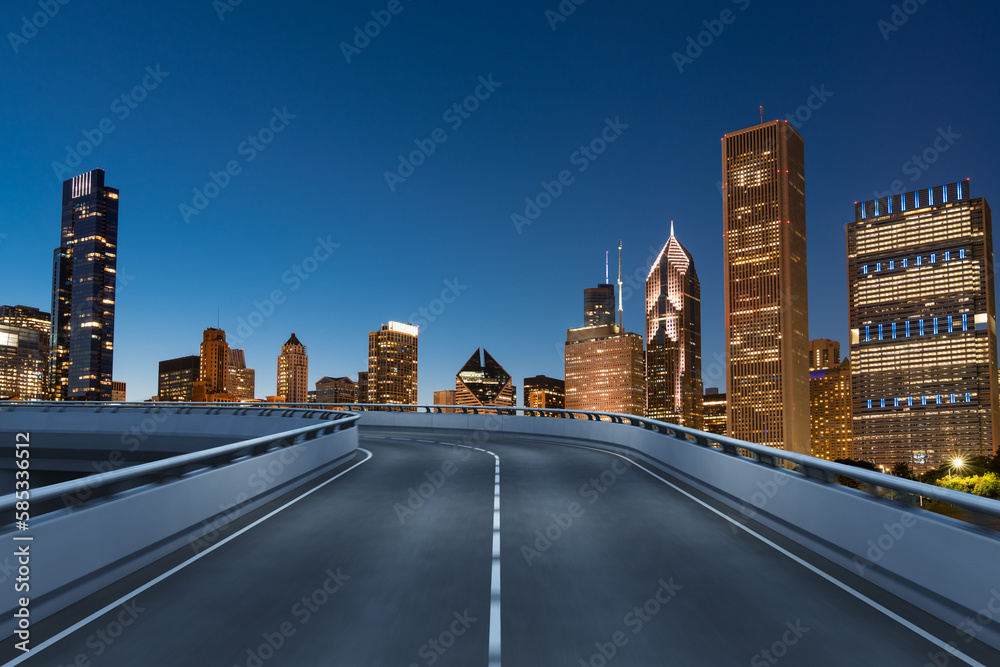 Fototapeta premium Empty urban asphalt road exterior with city buildings background. New modern highway concrete construction. Concept of way to success. Transportation logistic industry fast delivery. Chicago. USA.