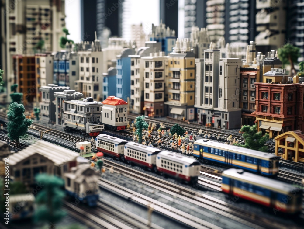 A miniature imaginary city built from plastic bricks. Residential and commercial buildings are built facing the road. The road is busy with vehicles. People are busy with their daily activities.