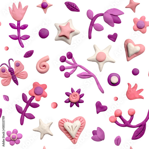 Seamless pattern of various flowers, leaves, butterflies and plasticine hearts. Colored plasticine clay 3D illustration on white background, cute dough shape