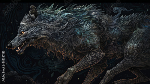 Fenrir, Powerful and Fearsome Wolf of Norse Mythology, generative AI
