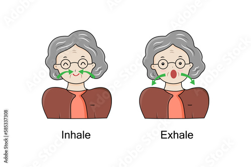 Old woman doing practice inhale and exhale.Breath exercise.Pursed lip breathing technique.Good health.Cartoon character.Vector.Illustration.