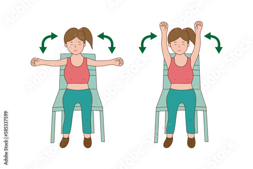 women doing exercise on chair and lifting hand for improve muscle strength and flexibility. Physical training.workout.Vector.illustration.
