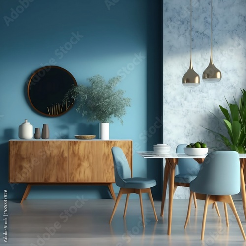 Interior design of modern dining room or living room, marble table and chairs. Wooden sideboard over blue wall. Home interior. 3d rendering generative AI technology