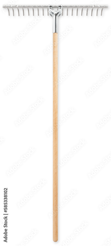 steel metal garden rake with wooden grip, top view isolated on white background, spring time concept for home garden or vegetable garden and lawn care steel metal garden rake with wooden grip, top view isolated on white background, spring time concept for home garden or vegetable garden and lawn care