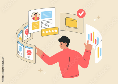 Recruitment agency, hiring employees concept. Hr manager selects the best candidate for job vacancy. CV resume analysis. Hand drawn vector illustration isolated on light background. flat cartoon style