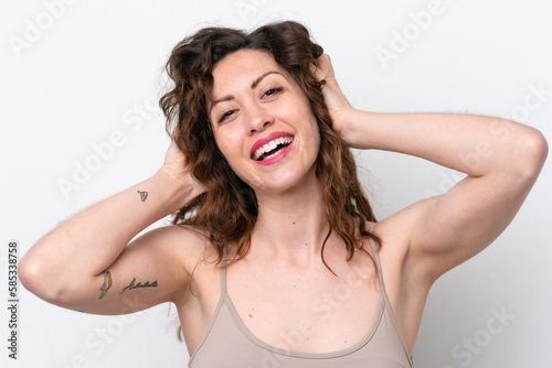 Young caucasian woman isolated on white background with happy expression. Close up portrait