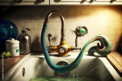 Fixing faucet and sink in kitchen sewage system siphon and pipes, created with generative ai