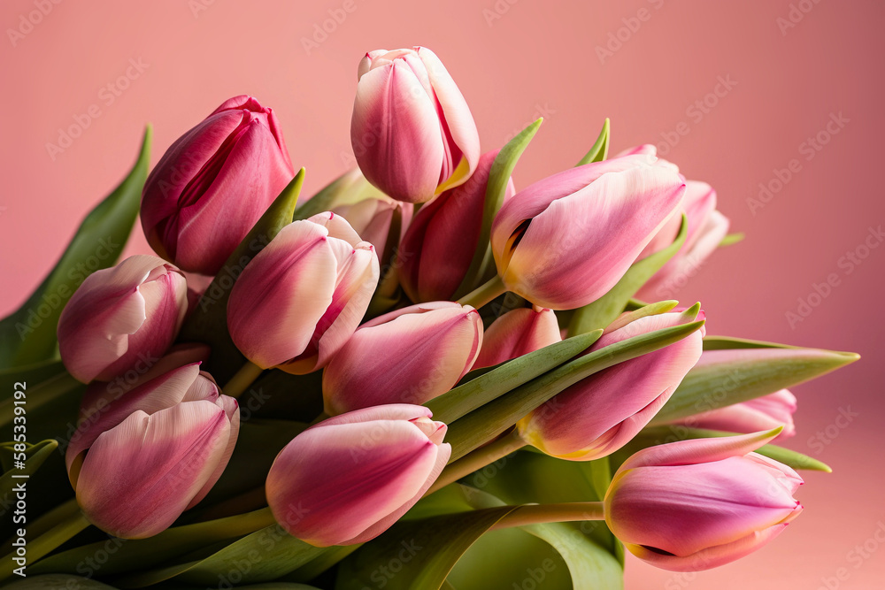 Fototapeta premium beautiful pink and white tulips in a bouquet, isolated on a pink background, created with generative ai