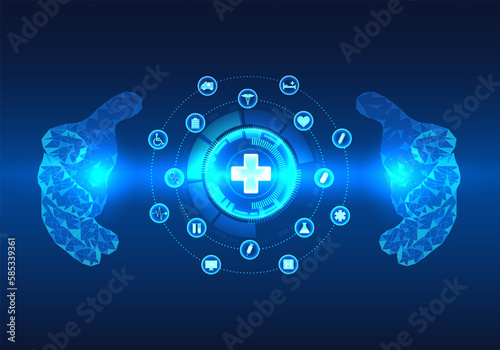Technology circle in the middle and with the doctor's two hands wrapped around Medical technology that uses smart technology to help patients access information and receive medical treatment quickly.