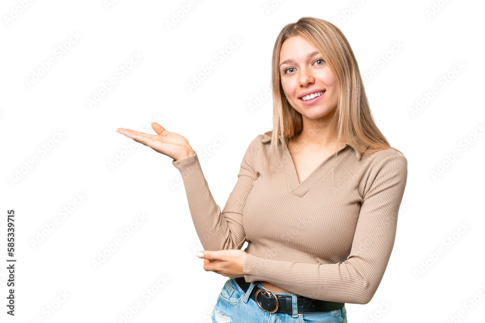 Young pretty blonde woman over isolated chroma key background extending hands to the side for inviting to come Young pretty blonde woman over isolated chroma key background extending hands to the side for inviting to come