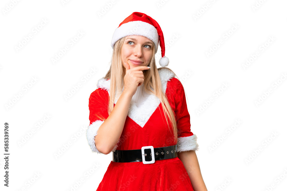 Young blonde woman with christmas hat over isolated chroma key background having doubts Young blonde woman with christmas hat over isolated chroma key background having doubts