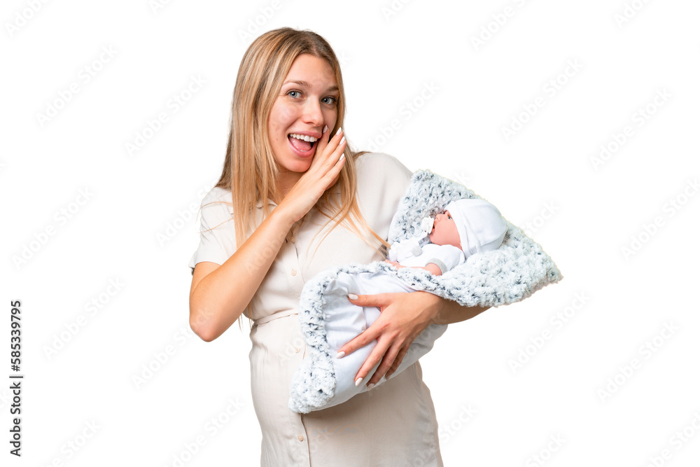 Young pretty pregnant woman with her newborn baby over isolated chroma key background whispering something Young pretty pregnant woman with her newborn baby over isolated chroma key background whispering something