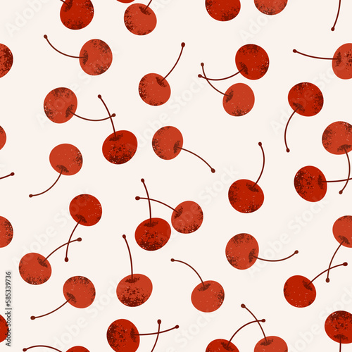 Cherry seamless pattern. Funny cherries background. Textured retro style. Vector illustration