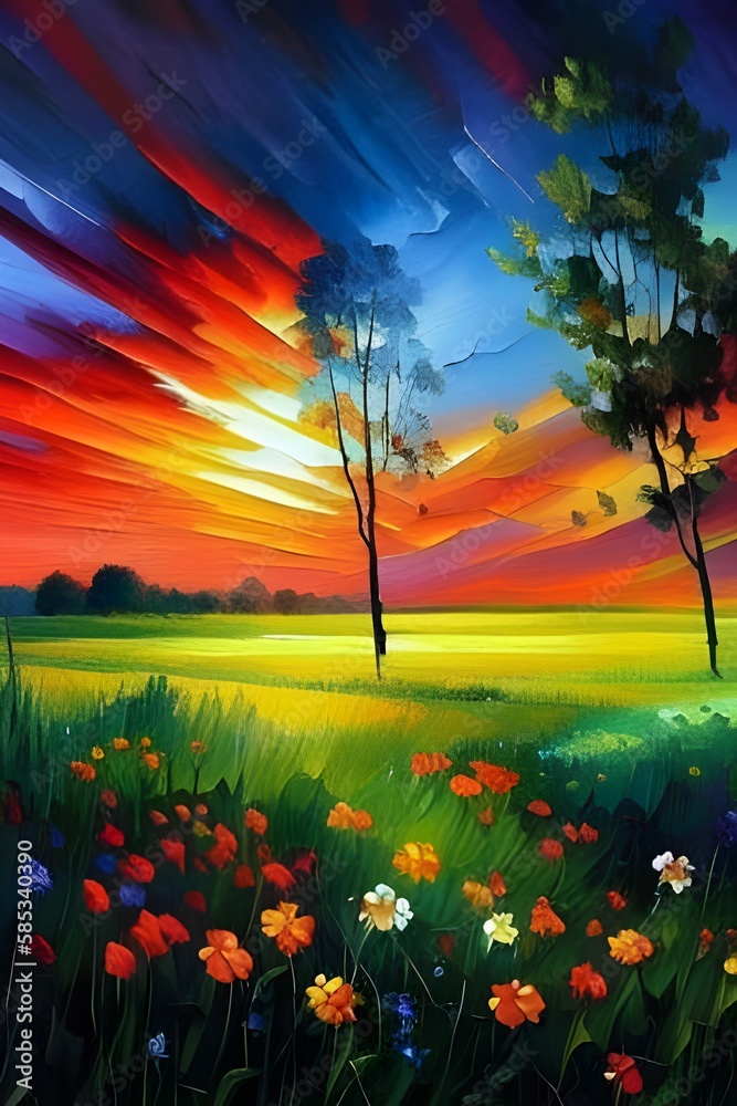 painting of sunset in the field