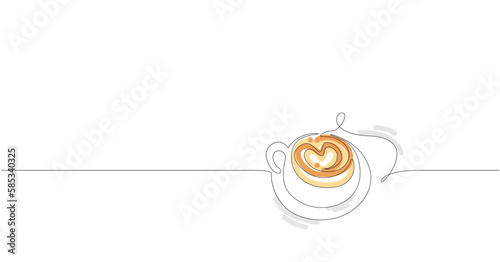 One line vector illustration with cappuccino cup. Coffee mug art with heart shape on it.