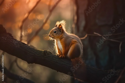 Small red squirrel sits on the tree branch in the forest. Scene of wild nature. Generative AI. © Hanna