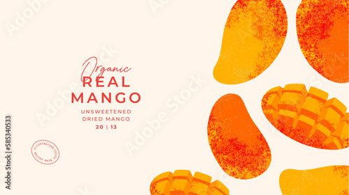 Mango fruit illustration horizontal design template. Vintage textured style. Ripe mango plant. 