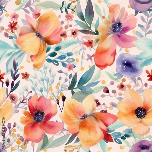 A lovely sameless illustration floral pattern featuring delicate pink, purple, and green flowers arranged in a natural and harmonious way