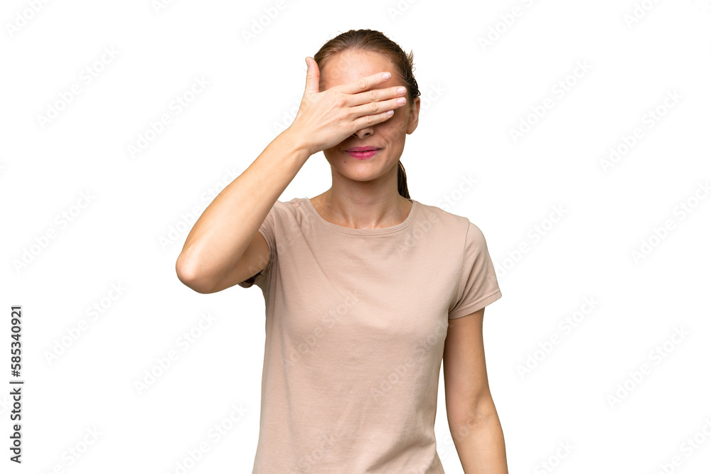 Young caucasian woman over isolated background covering eyes by hands. Do not want to see something Young caucasian woman over isolated background covering eyes by hands. Do not want to see something