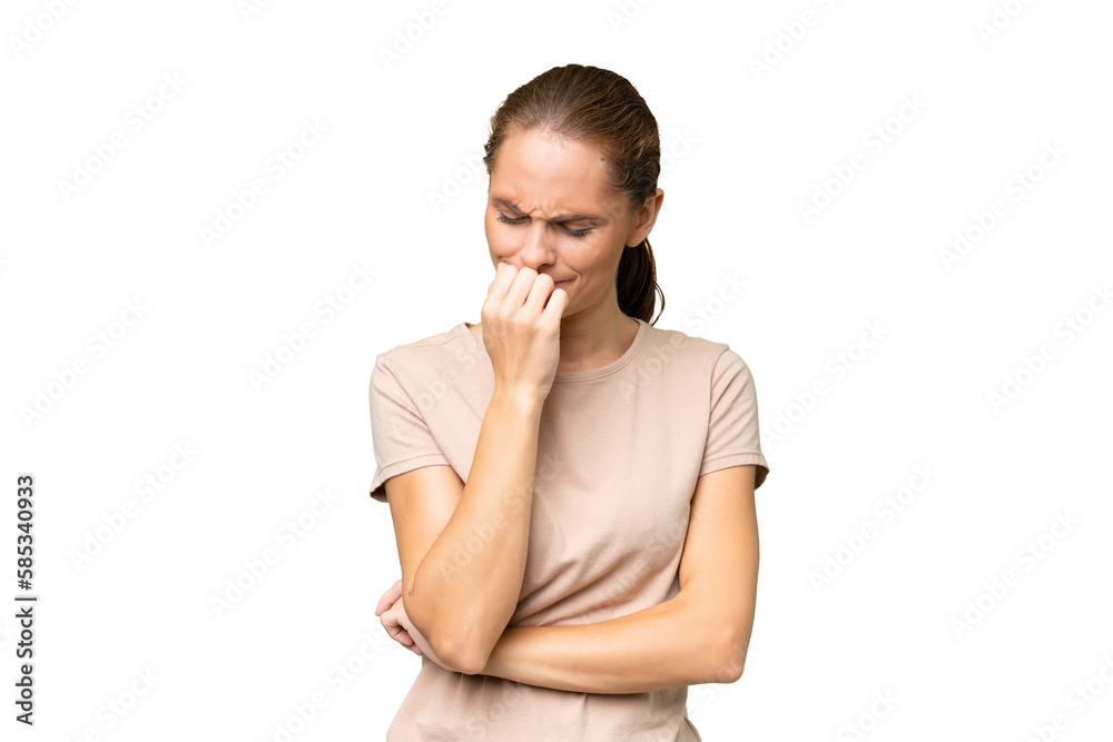 Young caucasian woman over isolated background having doubts Young caucasian woman over isolated background having doubts