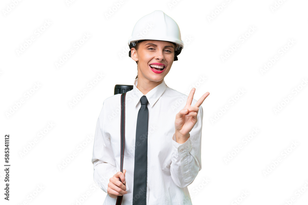 Young architect woman with helmet and holding blueprints over isolated background smiling and showing victory sign Young architect woman with helmet and holding blueprints over isolated background smiling and showing victory sign