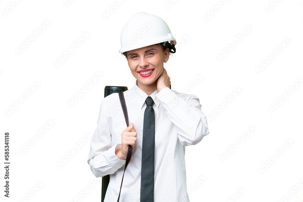Young architect woman with helmet and holding blueprints over isolated background laughing Young architect woman with helmet and holding blueprints over isolated background laughing