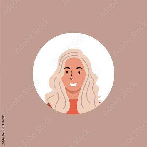 Round profile image of woman avatar for social networks. Fashion, beauty, blue and black. Bright vector illustration in trendy style.