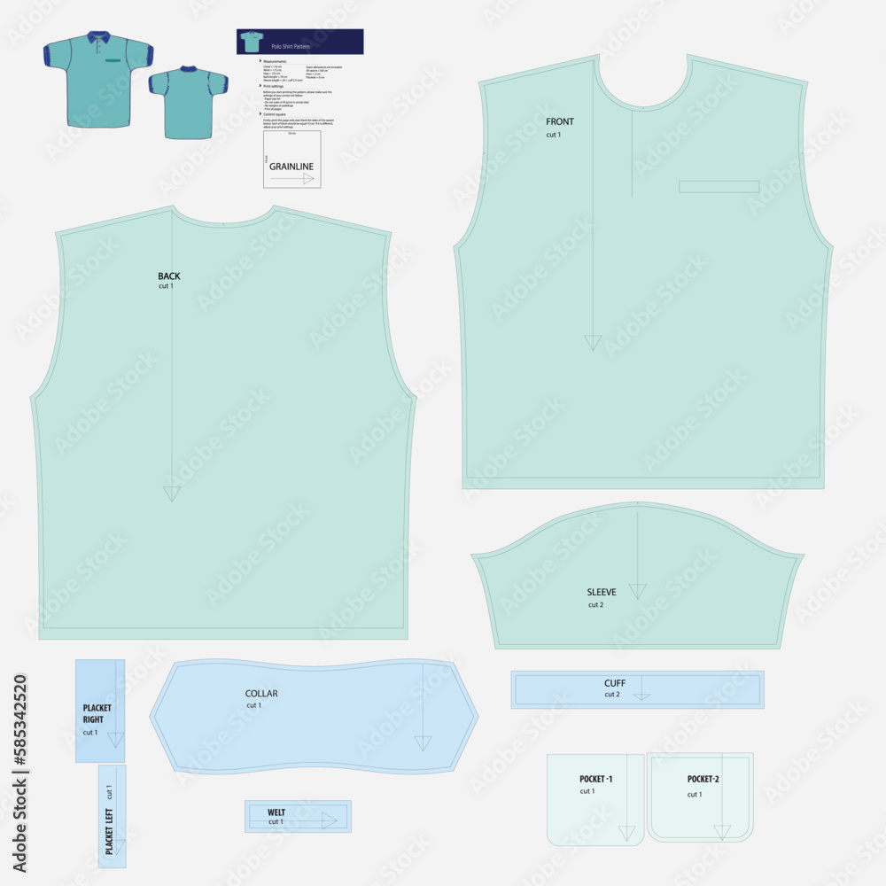 Vecteur Stock Polo shirt sewing pattern with collar and cuffs. Size XL. All  allowances are included. | Adobe Stock