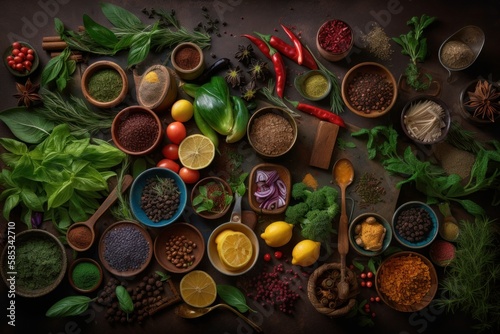 Gourmet  Herb and Spice Knolling. Generative AI Illustration of Food Cuisine